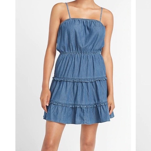 EXPRESS | Denim Square Neck Tiered Mini Dress - Picture 3 of 17